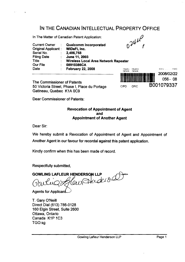 Document de brevet canadien 2486758. Correspondance 20080222. Image 1 de 2