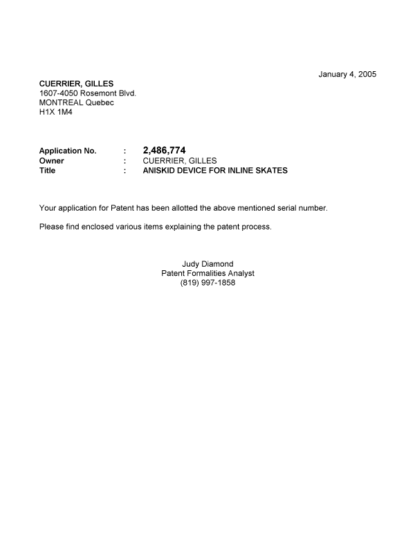Document de brevet canadien 2486774. Correspondance 20041204. Image 1 de 1