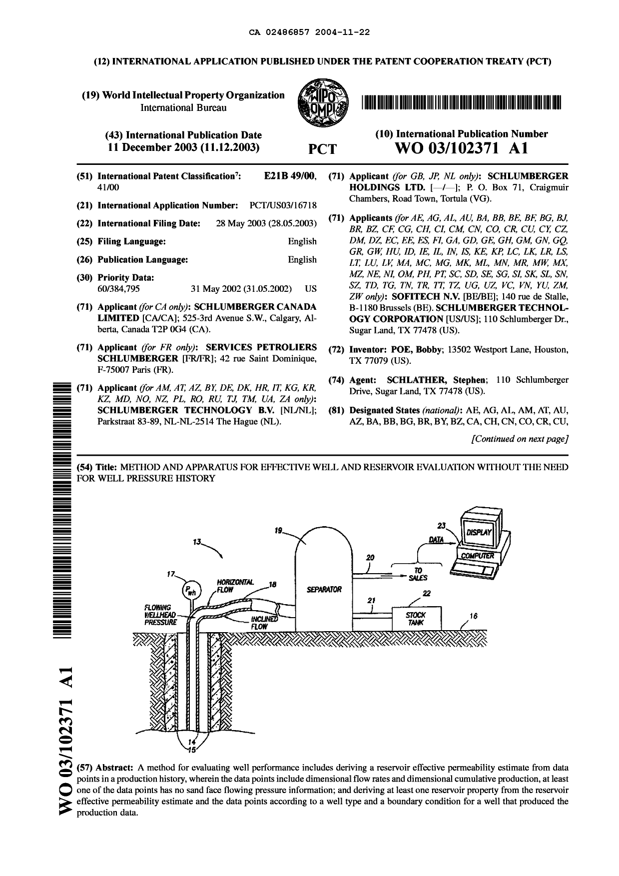 Canadian Patent Document 2486857. Abstract 20041122. Image 1 of 2