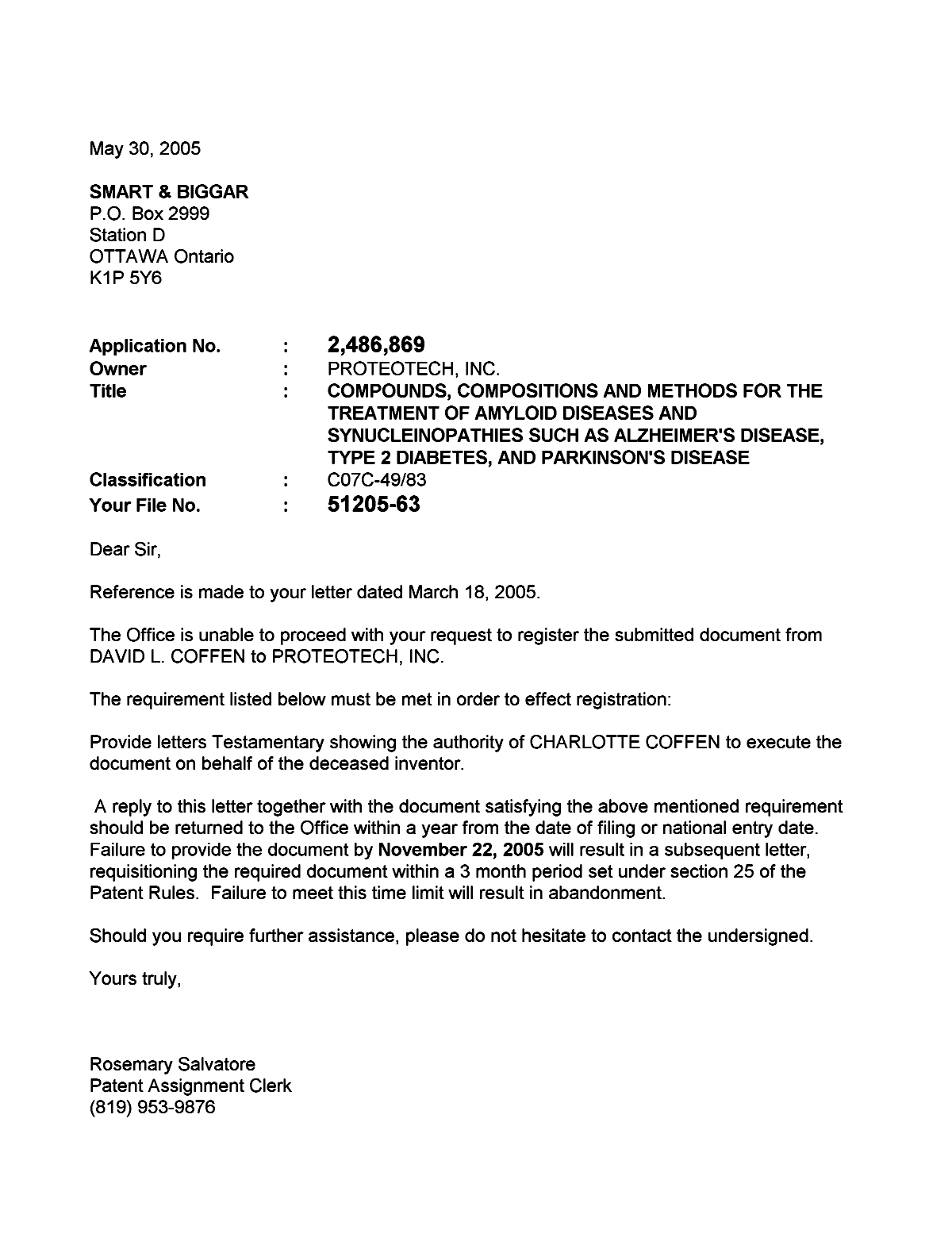 Canadian Patent Document 2486869. Correspondence 20050530. Image 1 of 1