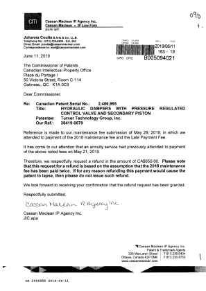 Canadian Patent Document 2486955. Refund 20190611. Image 1 of 1