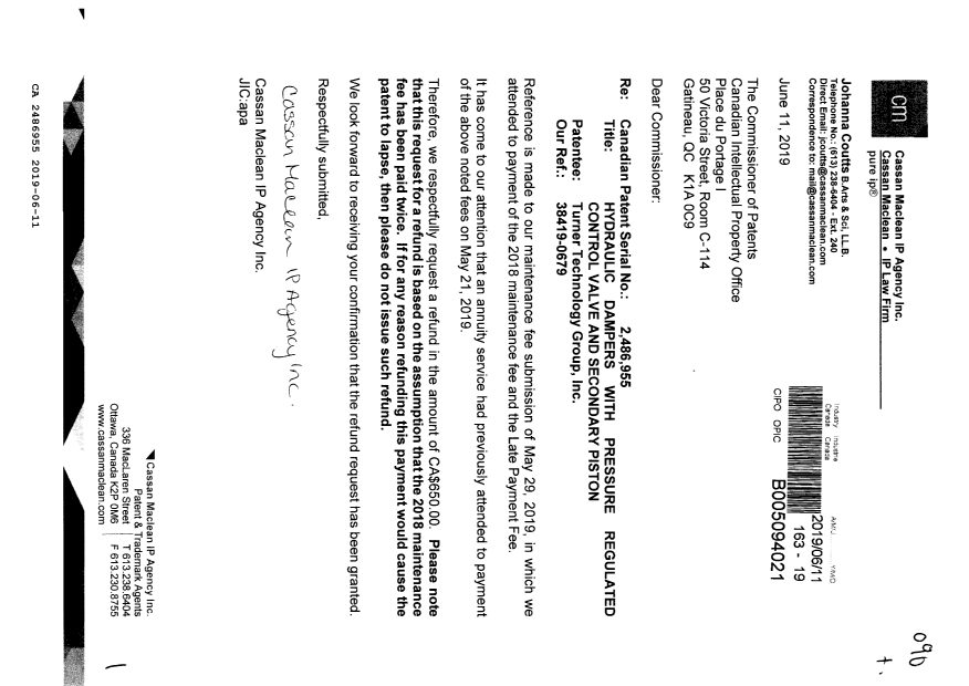 Canadian Patent Document 2486955. Refund 20190611. Image 1 of 1