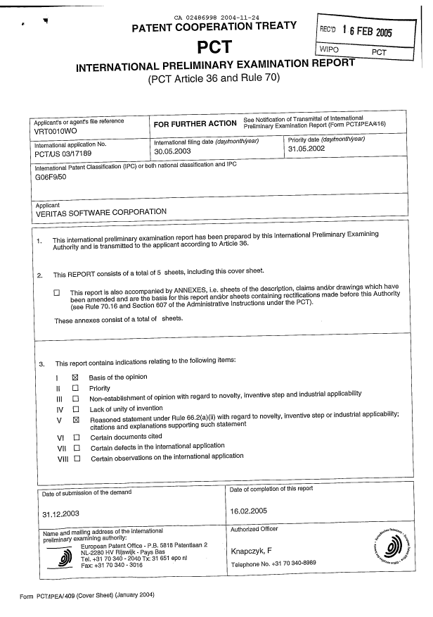 Document de brevet canadien 2486998. PCT 20041124. Image 1 de 5
