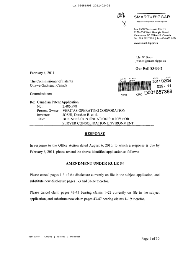 Canadian Patent Document 2486998. Prosecution-Amendment 20110204. Image 1 of 21