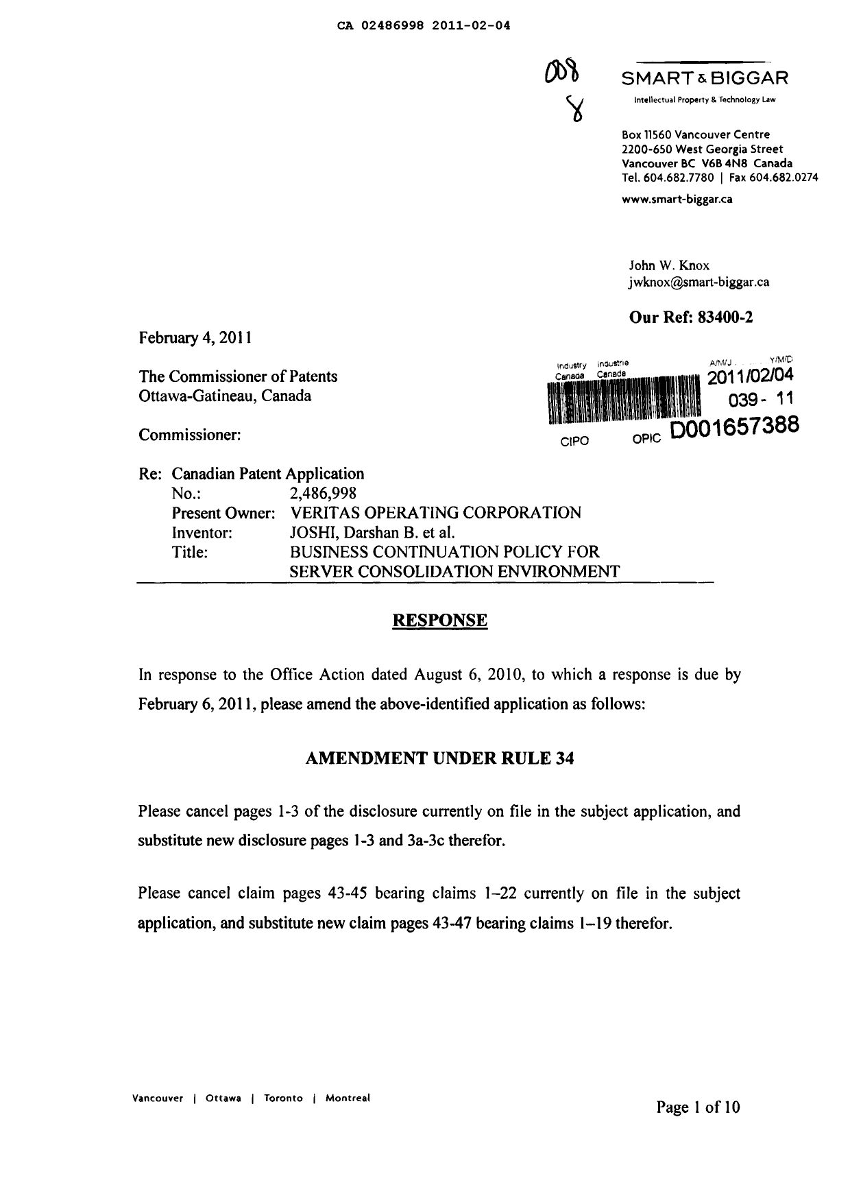 Canadian Patent Document 2486998. Prosecution-Amendment 20110204. Image 1 of 21