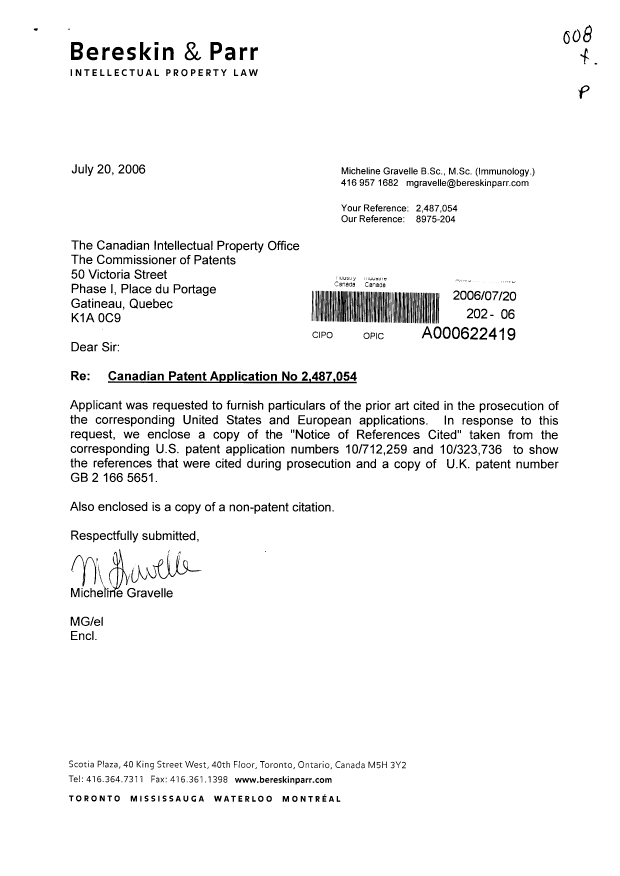 Document de brevet canadien 2487054. Poursuite-Amendment 20060720. Image 1 de 1