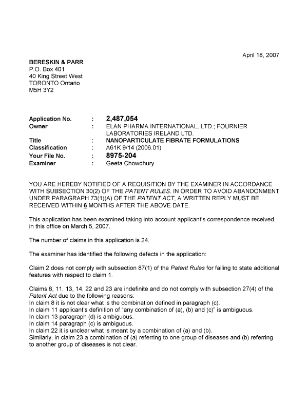 Canadian Patent Document 2487054. Prosecution-Amendment 20061218. Image 1 of 2