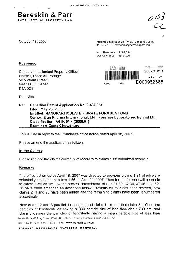 Canadian Patent Document 2487054. Prosecution-Amendment 20061218. Image 1 of 15