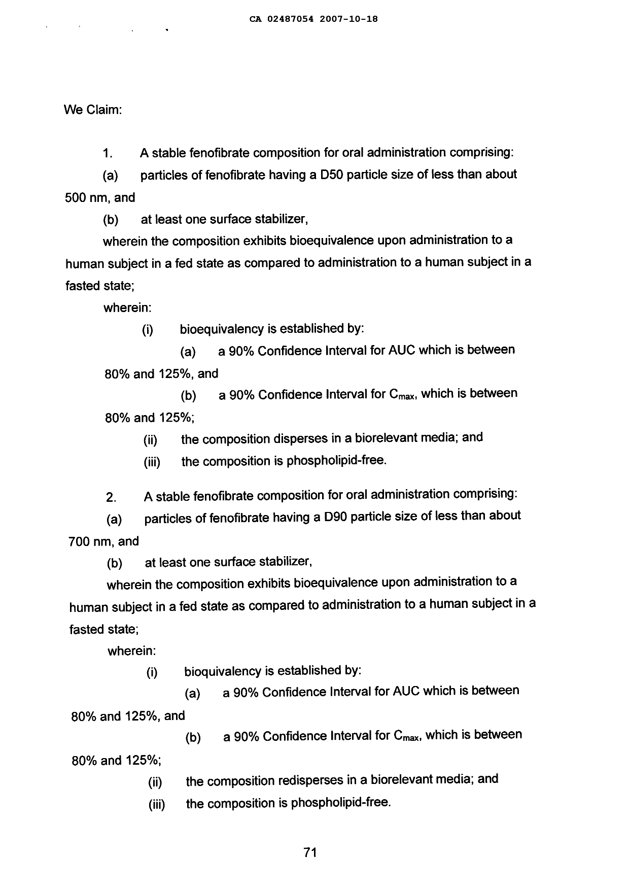 Document de brevet canadien 2487054. Revendications 20061218. Image 1 de 12