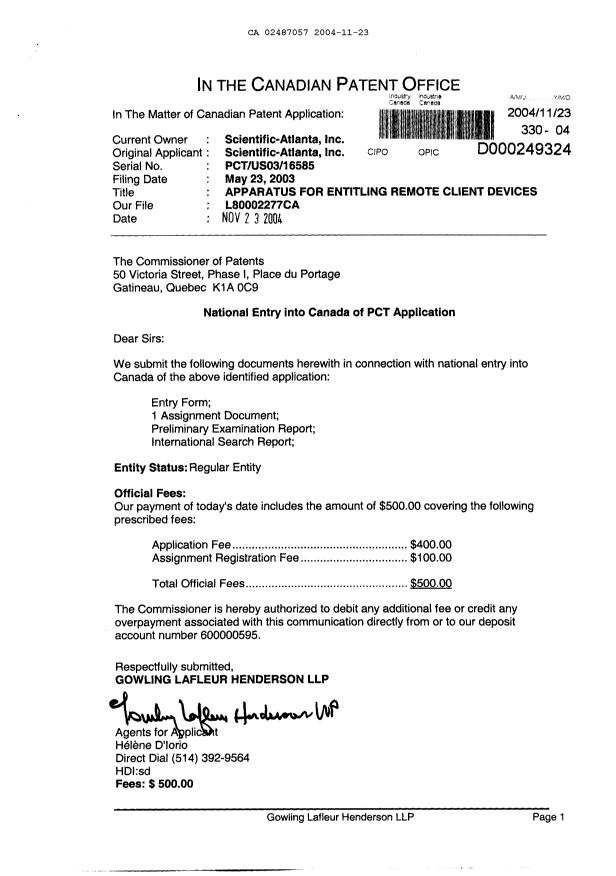 Document de brevet canadien 2487057. Cession 20041123. Image 1 de 15