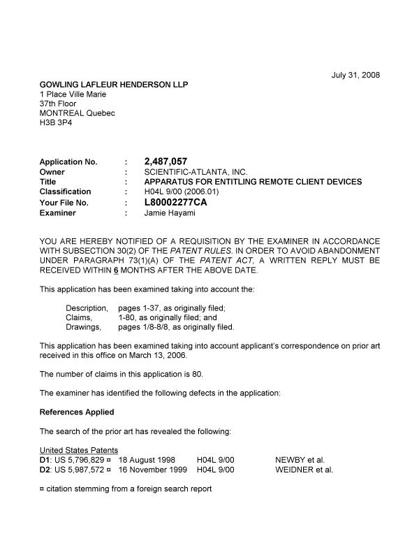 Document de brevet canadien 2487057. Poursuite-Amendment 20080731. Image 1 de 2