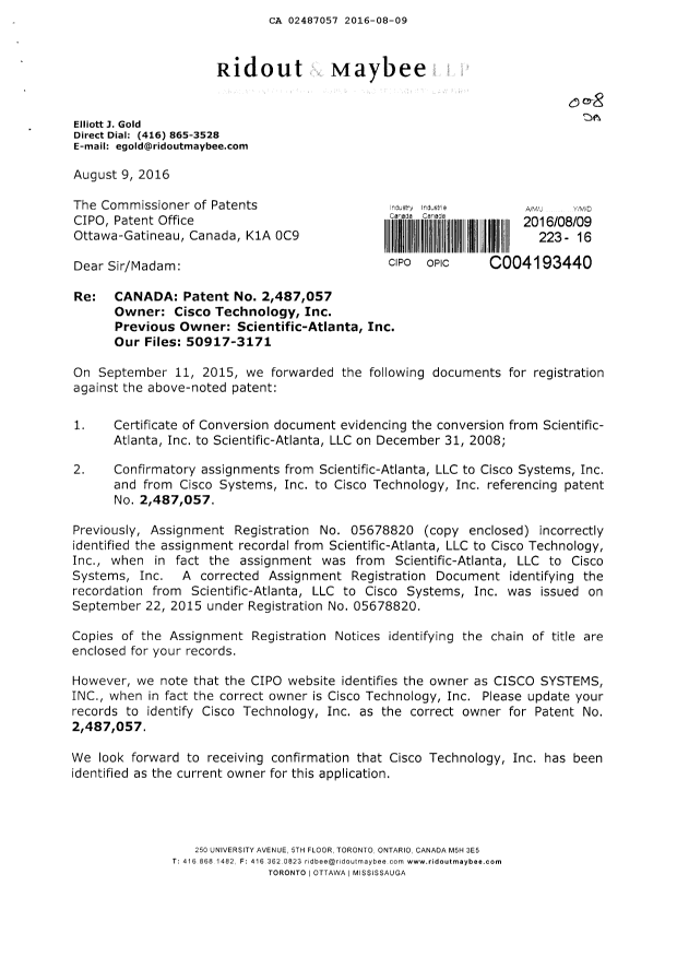 Document de brevet canadien 2487057. Modification 20160809. Image 1 de 6