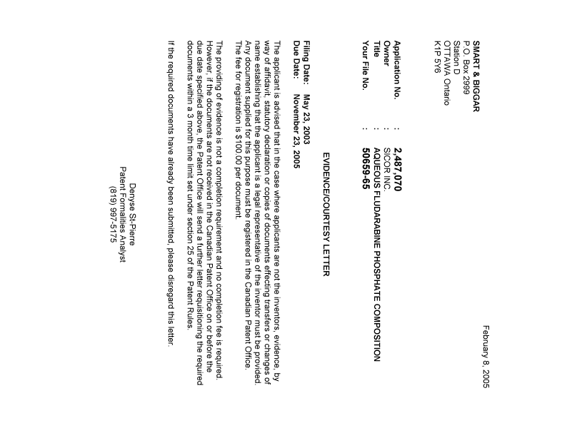 Document de brevet canadien 2487070. Correspondance 20050201. Image 1 de 1