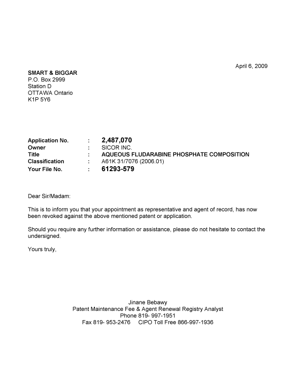 Document de brevet canadien 2487070. Correspondance 20090406. Image 1 de 1