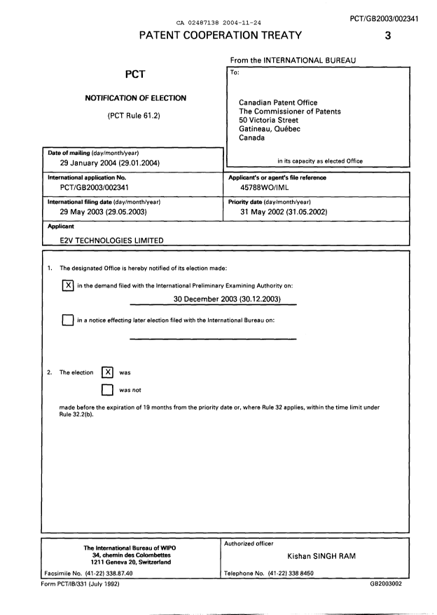 Document de brevet canadien 2487138. PCT 20041124. Image 1 de 12