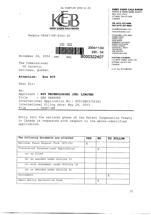 Document de brevet canadien 2487138. Cession 20041124. Image 1 de 4