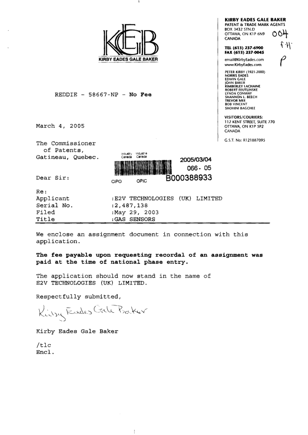 Document de brevet canadien 2487138. Cession 20050304. Image 1 de 2