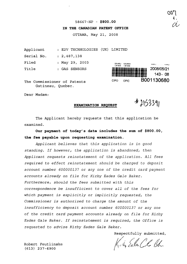 Document de brevet canadien 2487138. Poursuite-Amendment 20080521. Image 1 de 1
