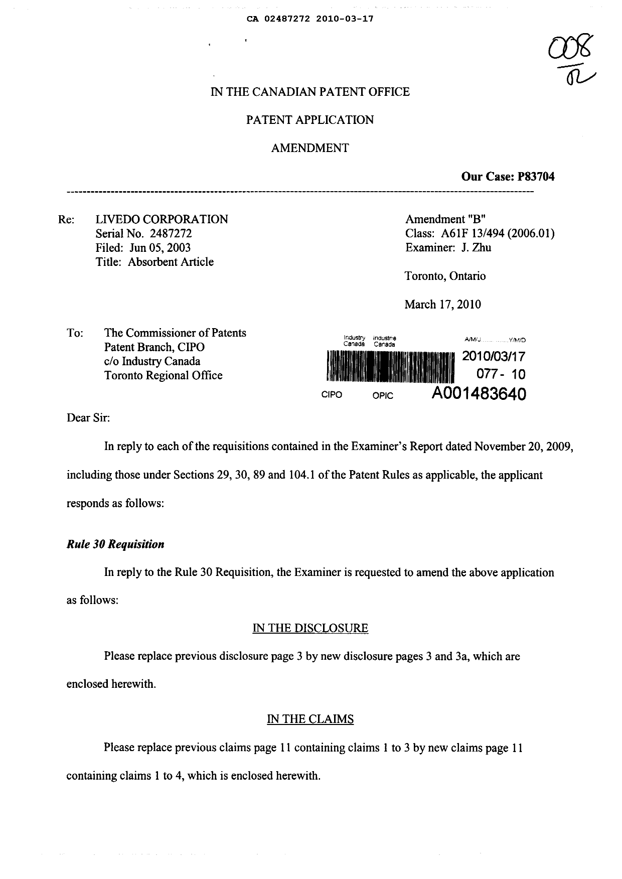 Document de brevet canadien 2487272. Poursuite-Amendment 20100317. Image 1 de 10