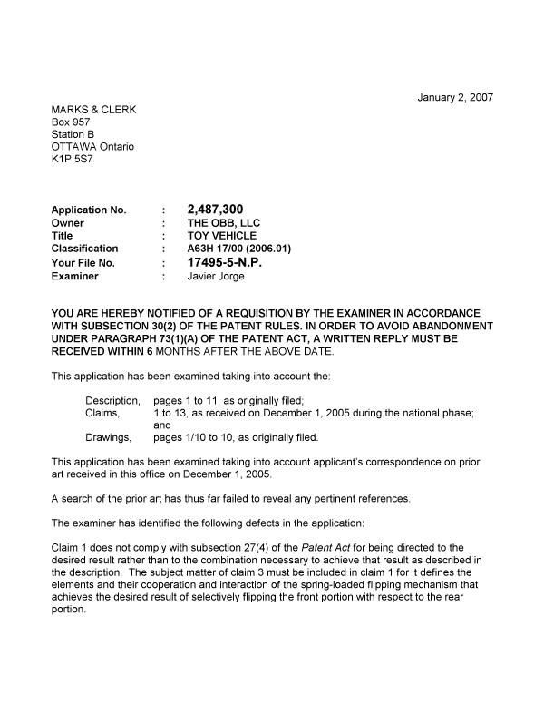 Canadian Patent Document 2487300. Prosecution-Amendment 20070102. Image 1 of 2