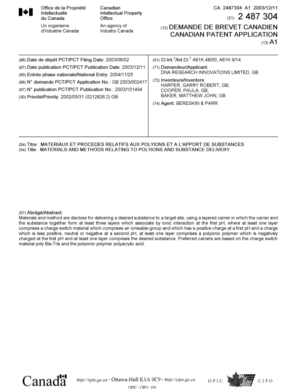 Document de brevet canadien 2487304. Page couverture 20050214. Image 1 de 1