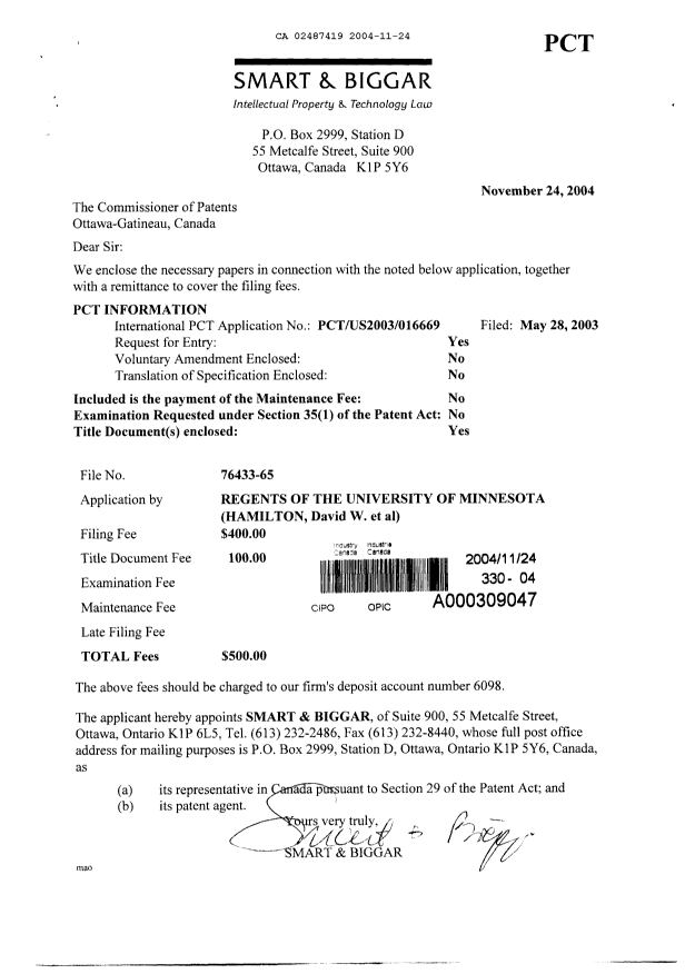 Document de brevet canadien 2487419. Cession 20041124. Image 1 de 4