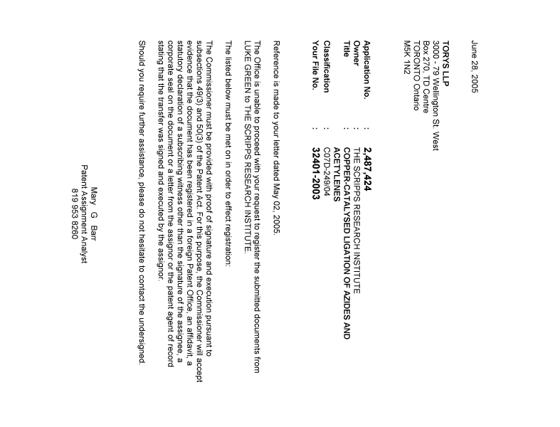 Canadian Patent Document 2487424. Correspondence 20050628. Image 1 of 1