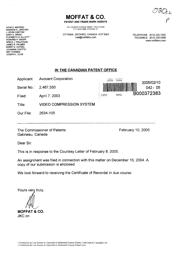 Canadian Patent Document 2487550. Correspondence 20041210. Image 1 of 5