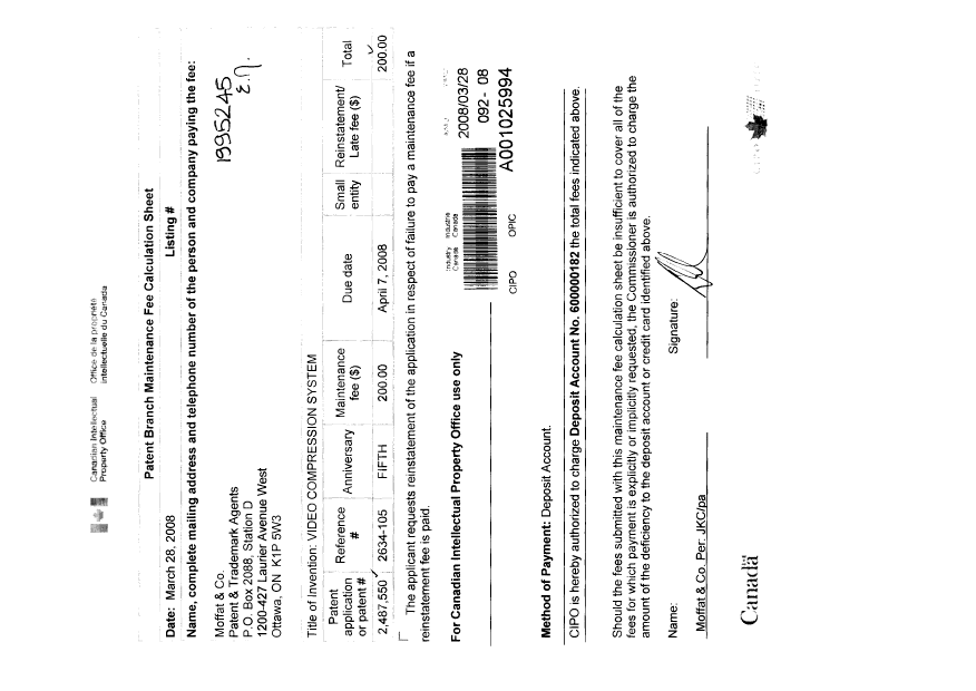 Canadian Patent Document 2487550. Fees 20071228. Image 1 of 1