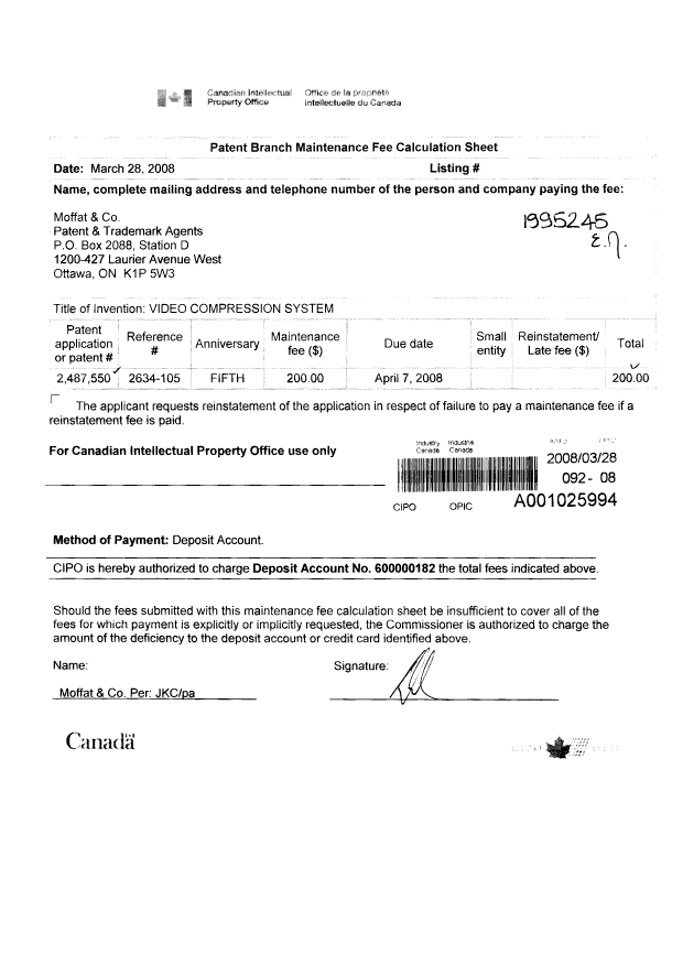 Document de brevet canadien 2487550. Taxes 20080328. Image 1 de 1