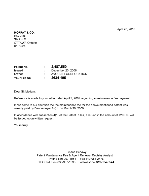 Document de brevet canadien 2487550. Correspondance 20100420. Image 1 de 1