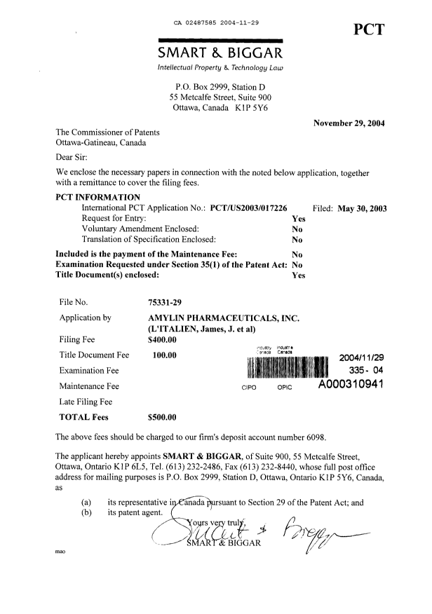 Document de brevet canadien 2487585. Cession 20041129. Image 1 de 4