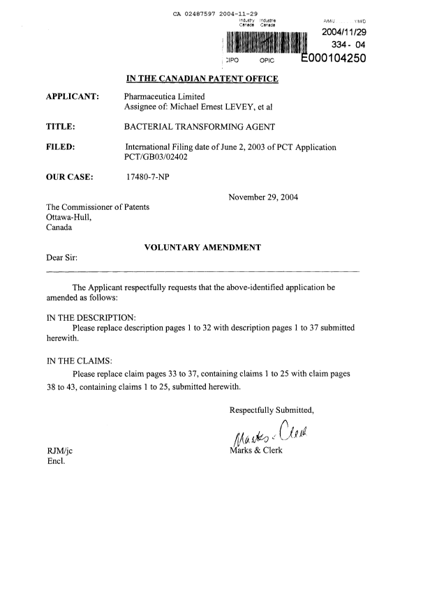 Canadian Patent Document 2487597. Prosecution-Amendment 20041129. Image 1 of 44