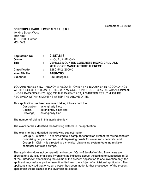 Canadian Patent Document 2487613. Prosecution-Amendment 20100924. Image 1 of 2