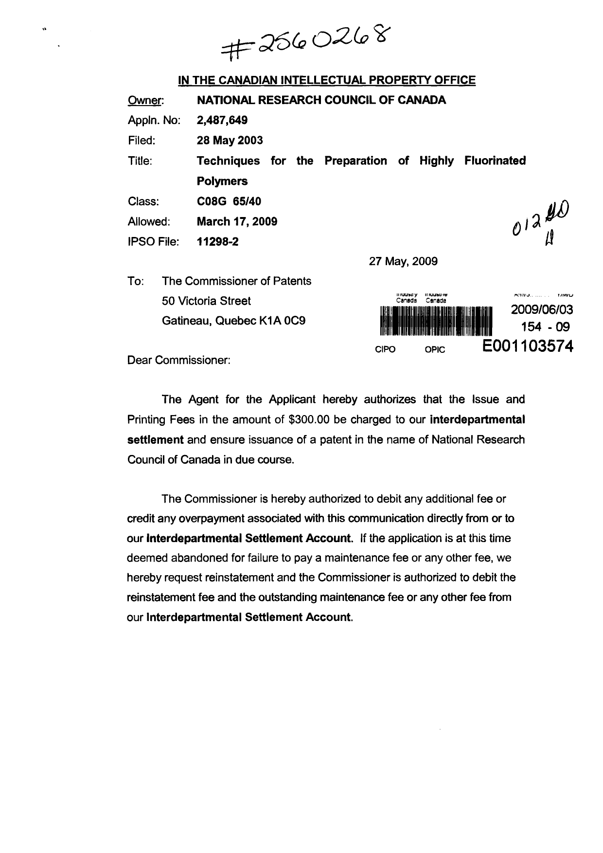 Canadian Patent Document 2487649. Correspondence 20090603. Image 1 of 2