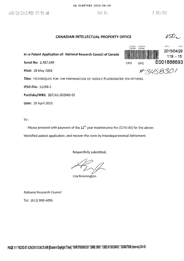 Canadian Patent Document 2487649. Fees 20150429. Image 1 of 1