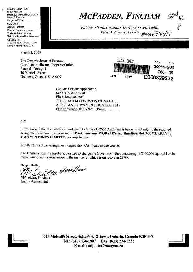 Document de brevet canadien 2487708. Cession 20050308. Image 1 de 3