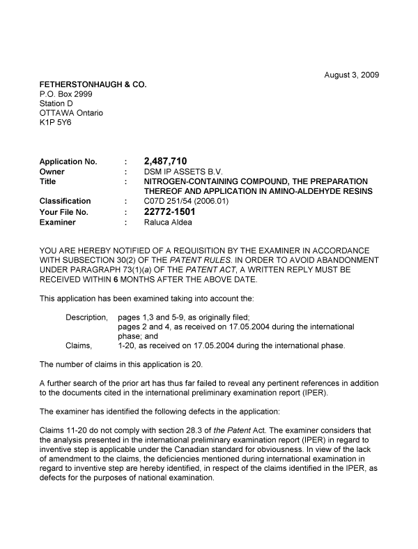 Canadian Patent Document 2487710. Prosecution-Amendment 20090803. Image 1 of 2