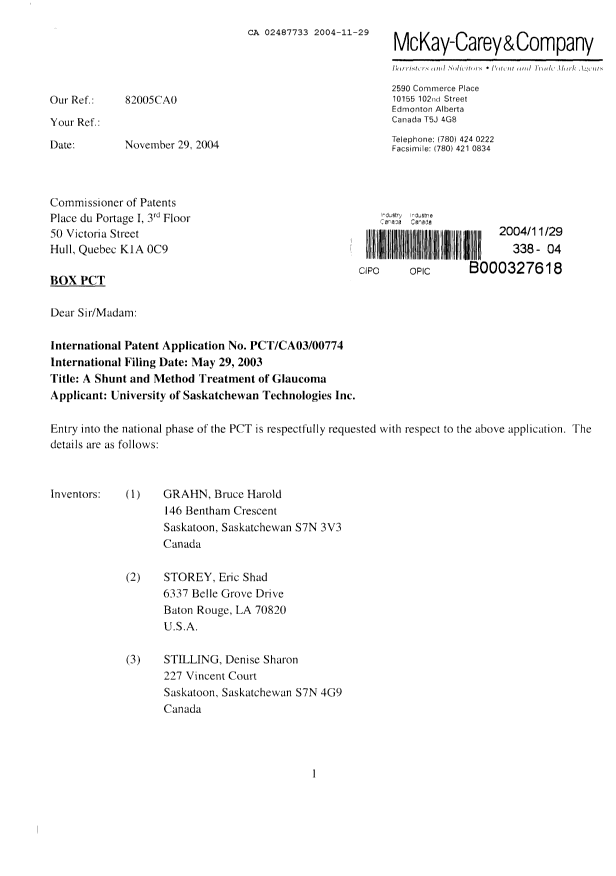 Document de brevet canadien 2487733. Cession 20041129. Image 1 de 9
