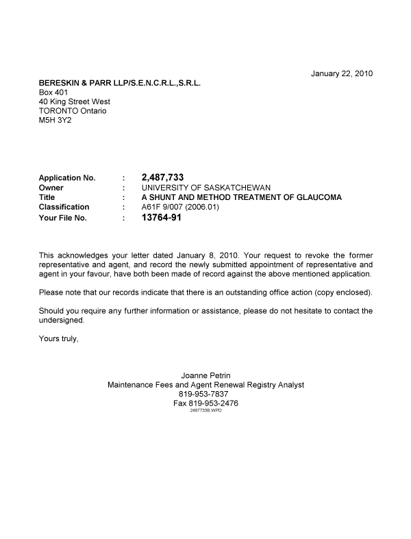 Document de brevet canadien 2487733. Correspondance 20100122. Image 1 de 1