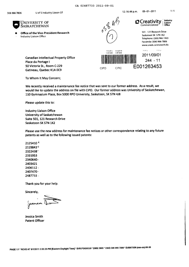 Document de brevet canadien 2487733. Correspondance 20110901. Image 1 de 1