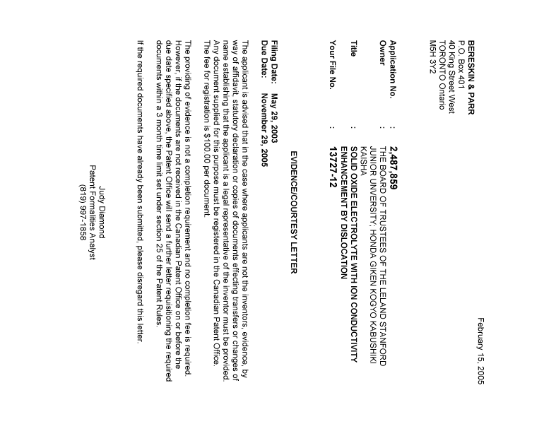 Canadian Patent Document 2487859. Correspondence 20050210. Image 1 of 1
