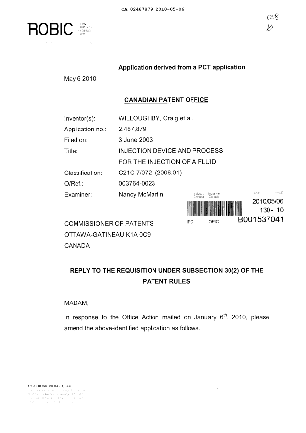 Document de brevet canadien 2487879. Poursuite-Amendment 20100506. Image 1 de 12