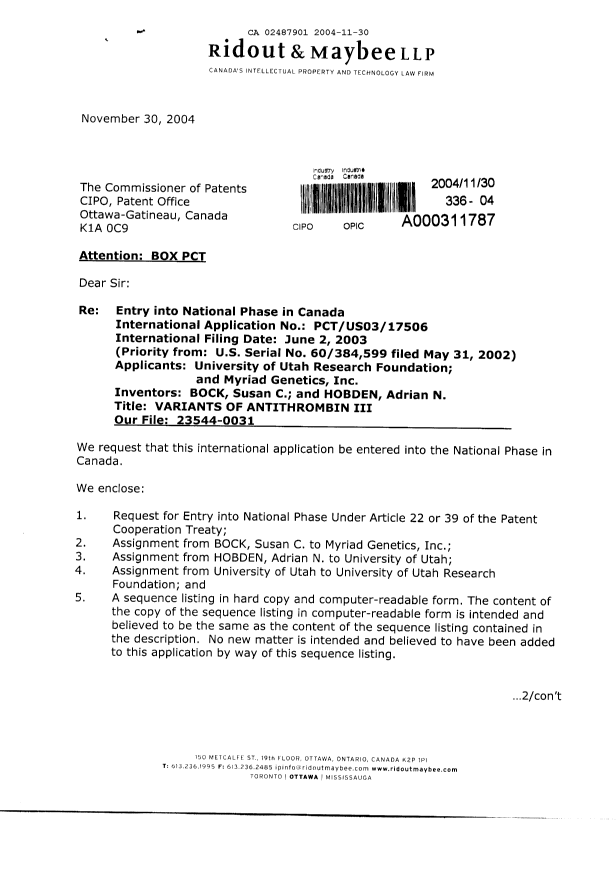 Document de brevet canadien 2487901. Cession 20041130. Image 1 de 17