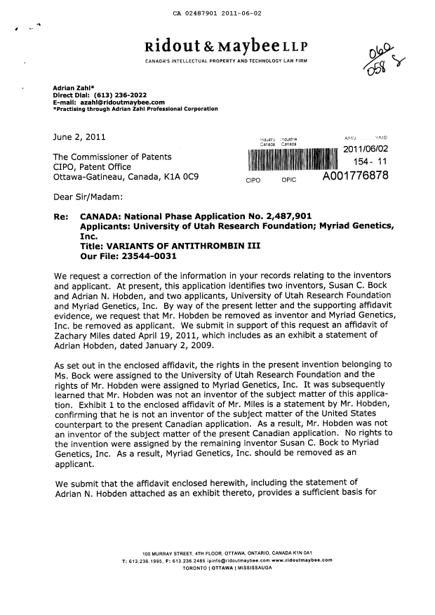 Canadian Patent Document 2487901. Correspondence 20110602. Image 1 of 8