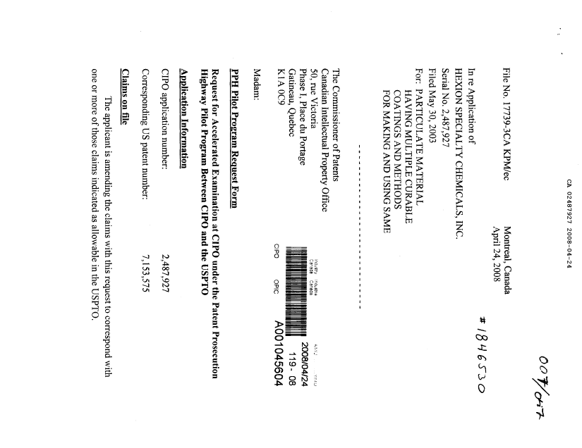 Canadian Patent Document 2487927. Prosecution-Amendment 20080424. Image 1 of 33