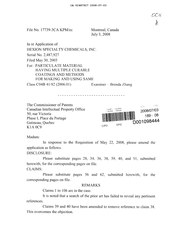 Document de brevet canadien 2487927. Poursuite-Amendment 20080703. Image 1 de 12