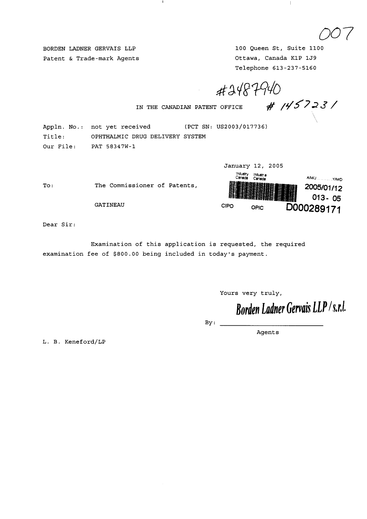 Document de brevet canadien 2487940. Poursuite-Amendment 20041212. Image 1 de 1