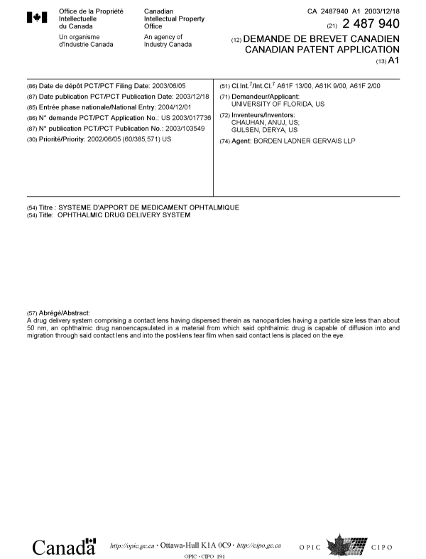 Document de brevet canadien 2487940. Page couverture 20050217. Image 1 de 1