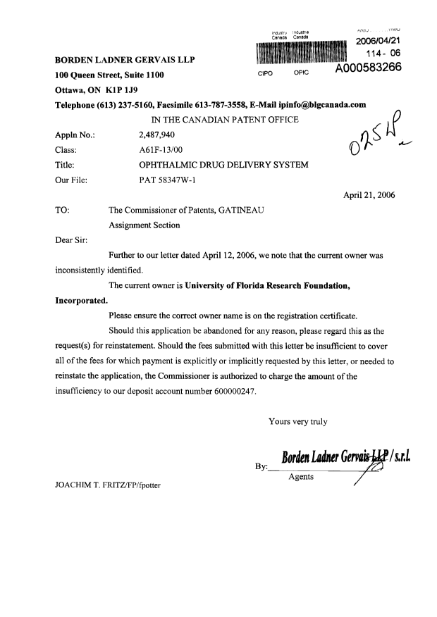 Document de brevet canadien 2487940. Cession 20060421. Image 1 de 1